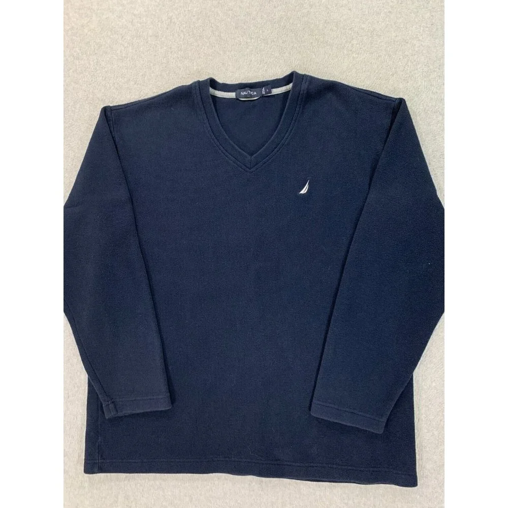 Nautica 100% Cotton V-Neck Midweight Sweater‎ (Men's Large) Blue